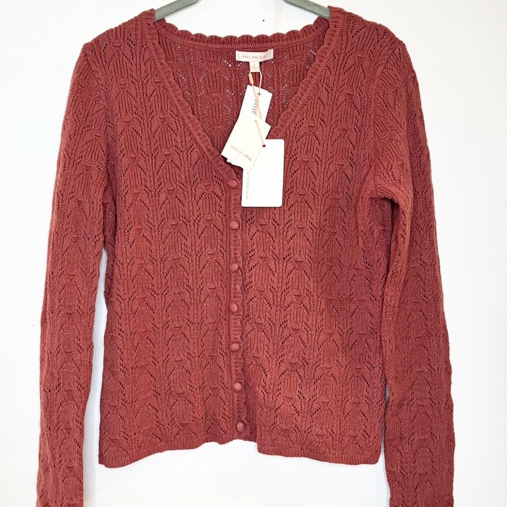 Skies Are Blue Pointelle Knit Scallop Detail Cardigan Burnt Orange Stitch Fix S - Picture 3 of 5